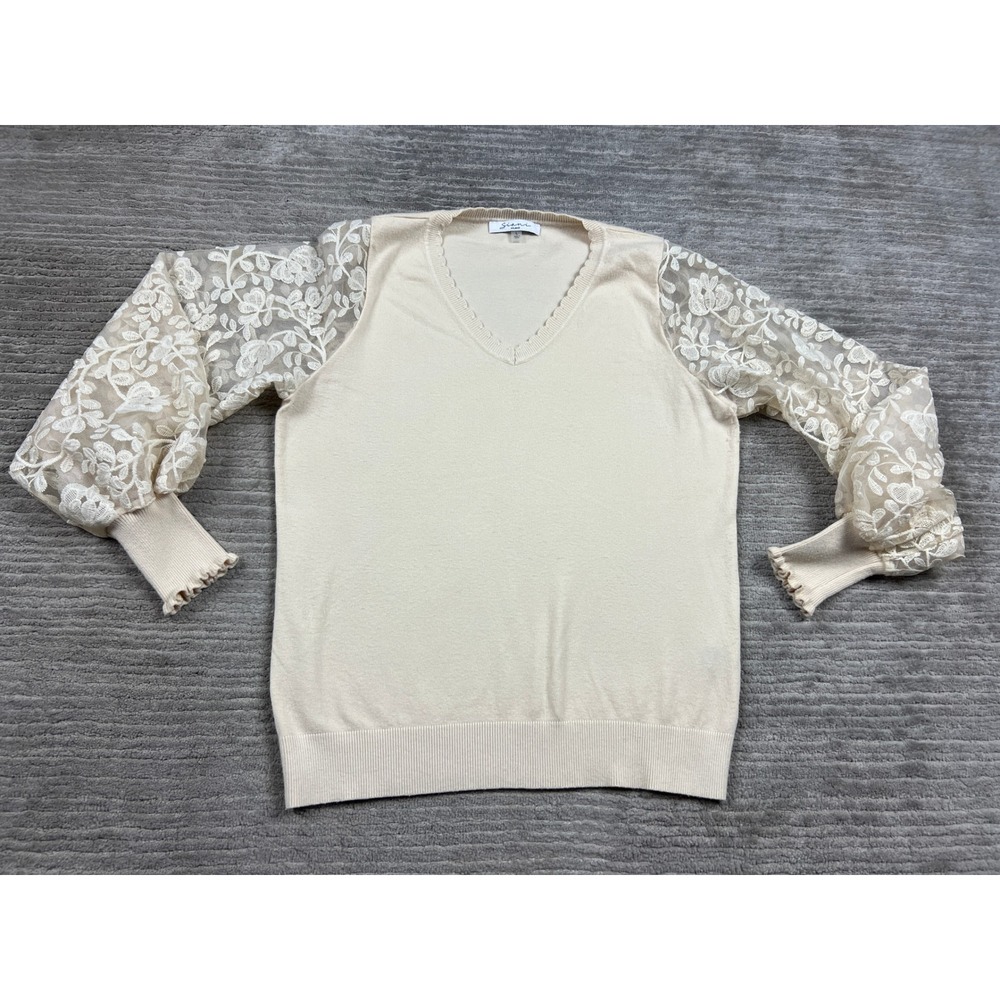 Siani Milano Womens Cream V-Neck Sweater Lace Pearl Balloon Sleeve Large